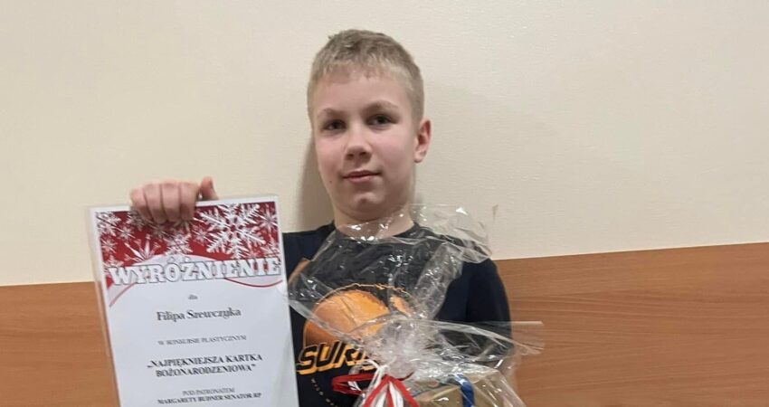 Uczeń klasy III Filip Szewczyk ze Szkoły Podstawowej im. św. Jana Pawła II w Natalii wyróżniony w konkursie plastycznym pod hasłem ,,NAJPIĘKNIEJSZA KARTKA BOŻONARODZENIOWA”