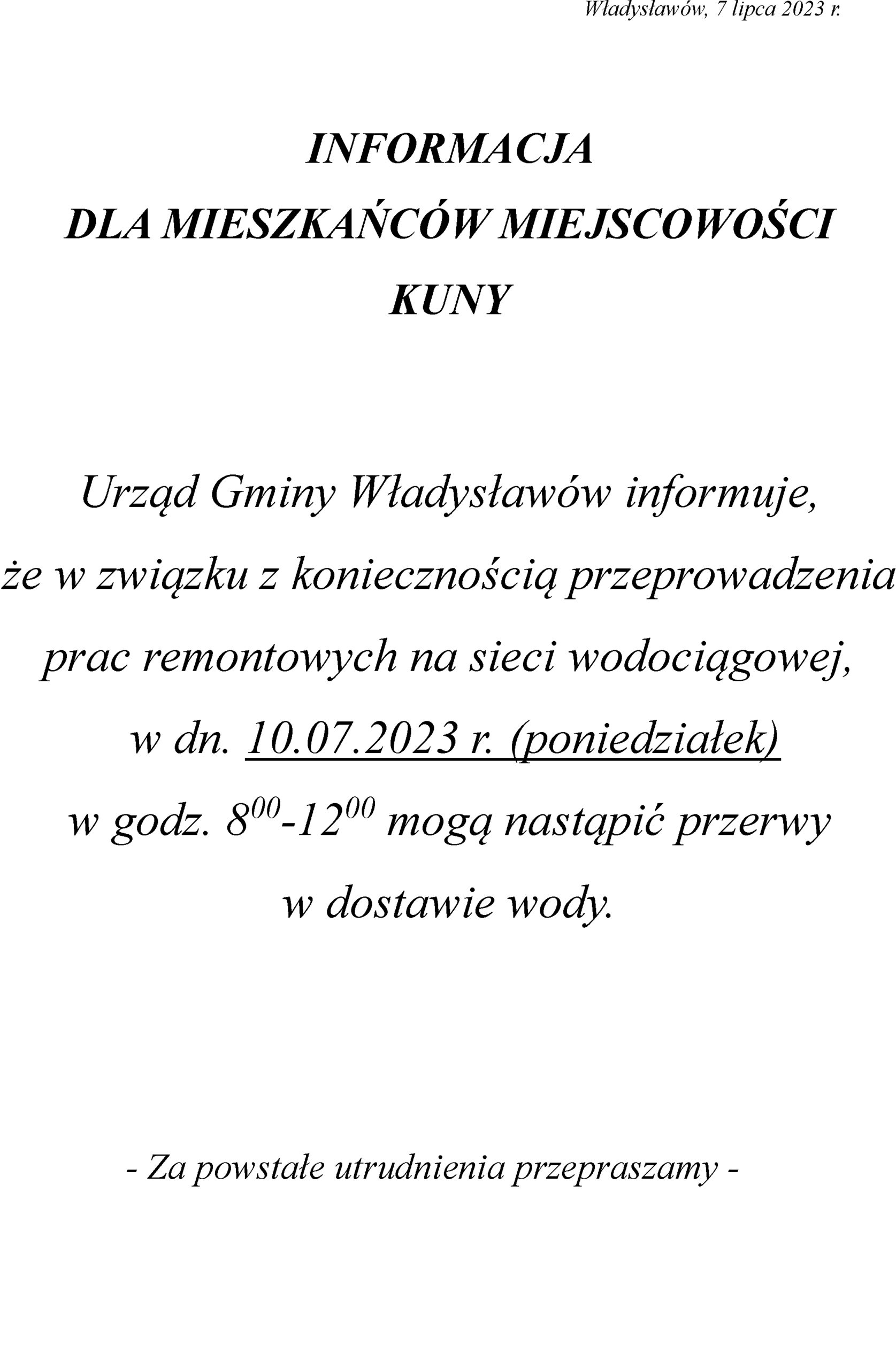 INFORMACJA DLA MIESZKAŃCÓW MIEJSCOWOŚCI KUNY