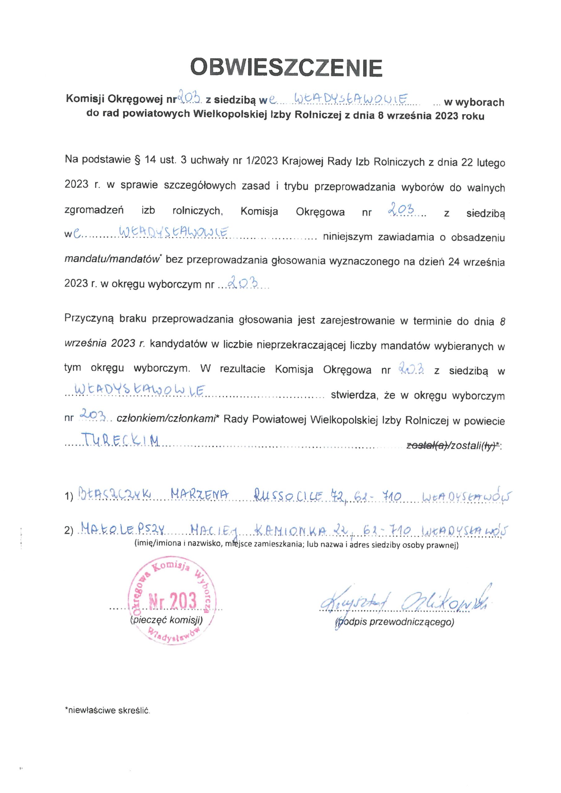 Obwieszczenie Komisji Okręgowej nr 203 z siedzibą we Władysławowie