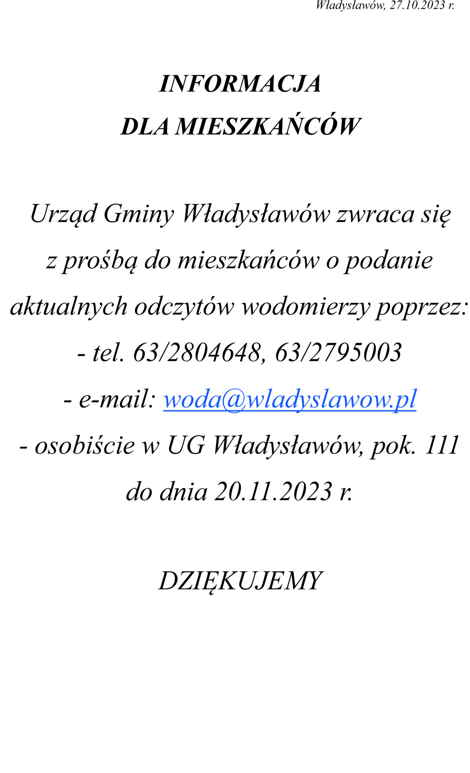 INFORMACJA DLA MIESZKAŃCÓW