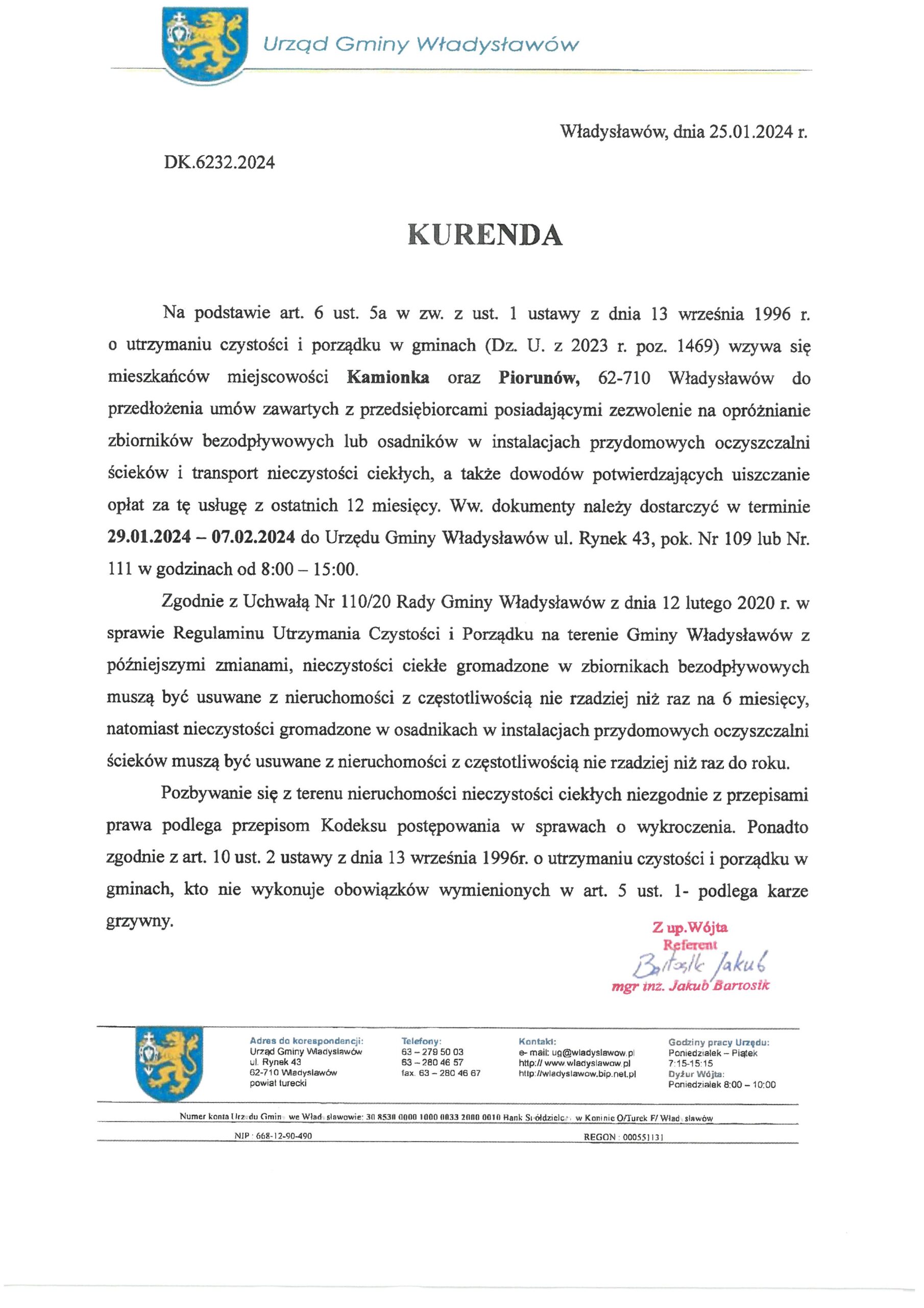 Kurenda dla mieszkańców Kamionki i Piorunowa