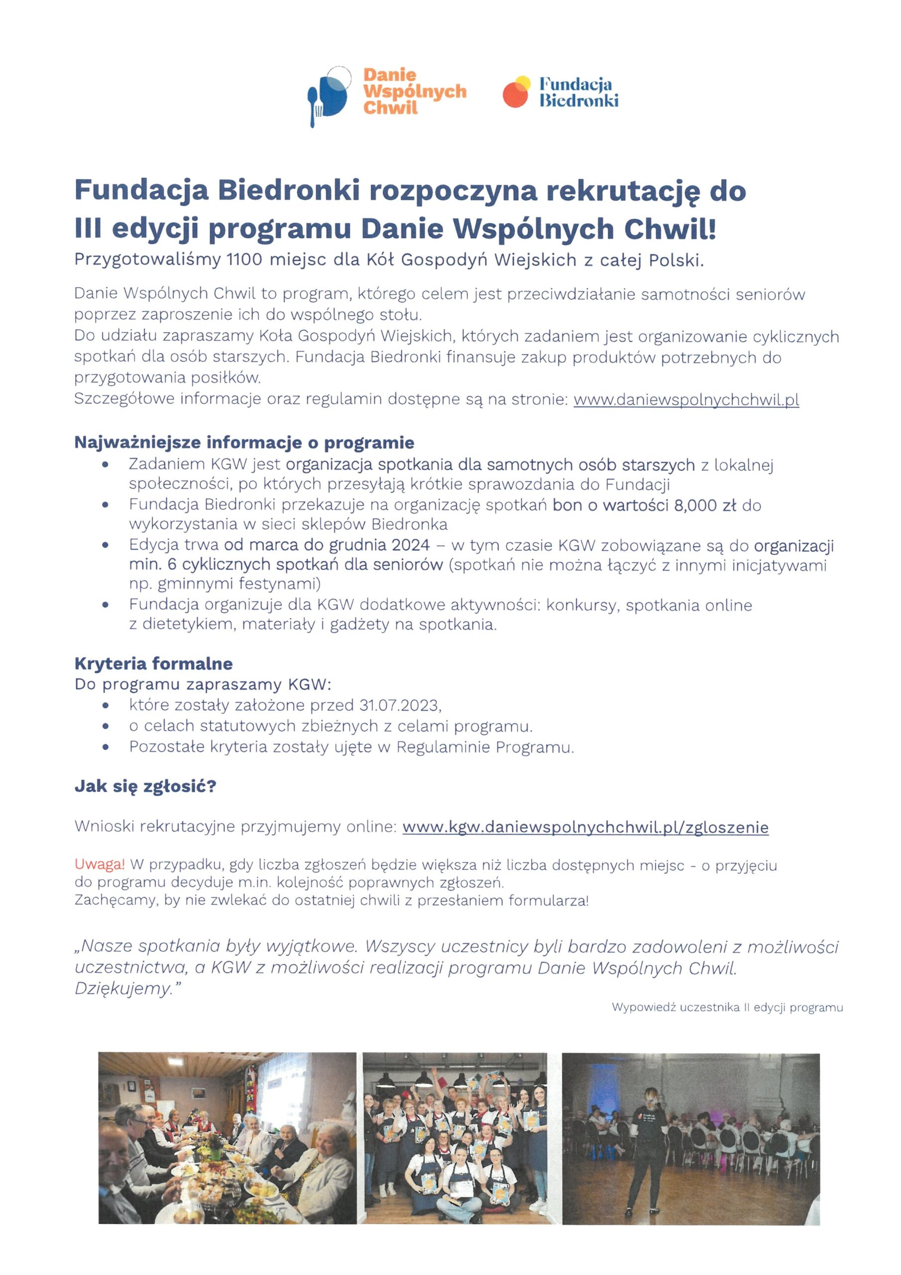 Nabór do programu społecznego „Danie Wspólnych Chwil”