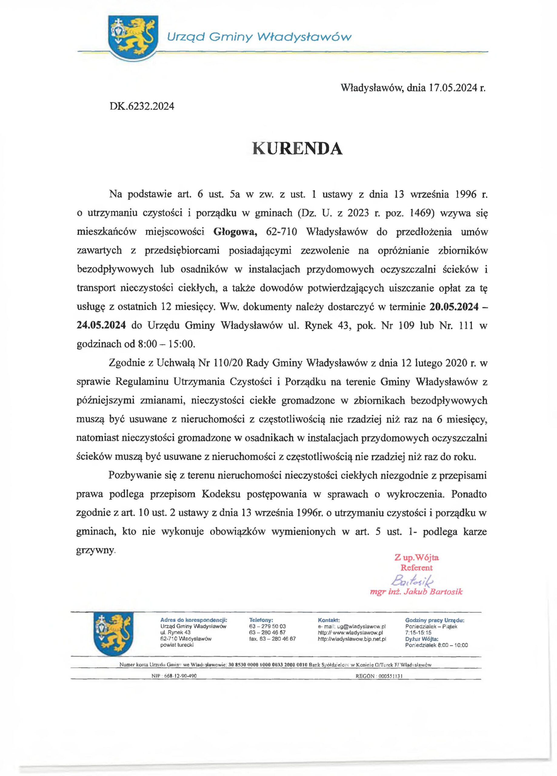 Kurenda dla miejscowości Głogowa 
