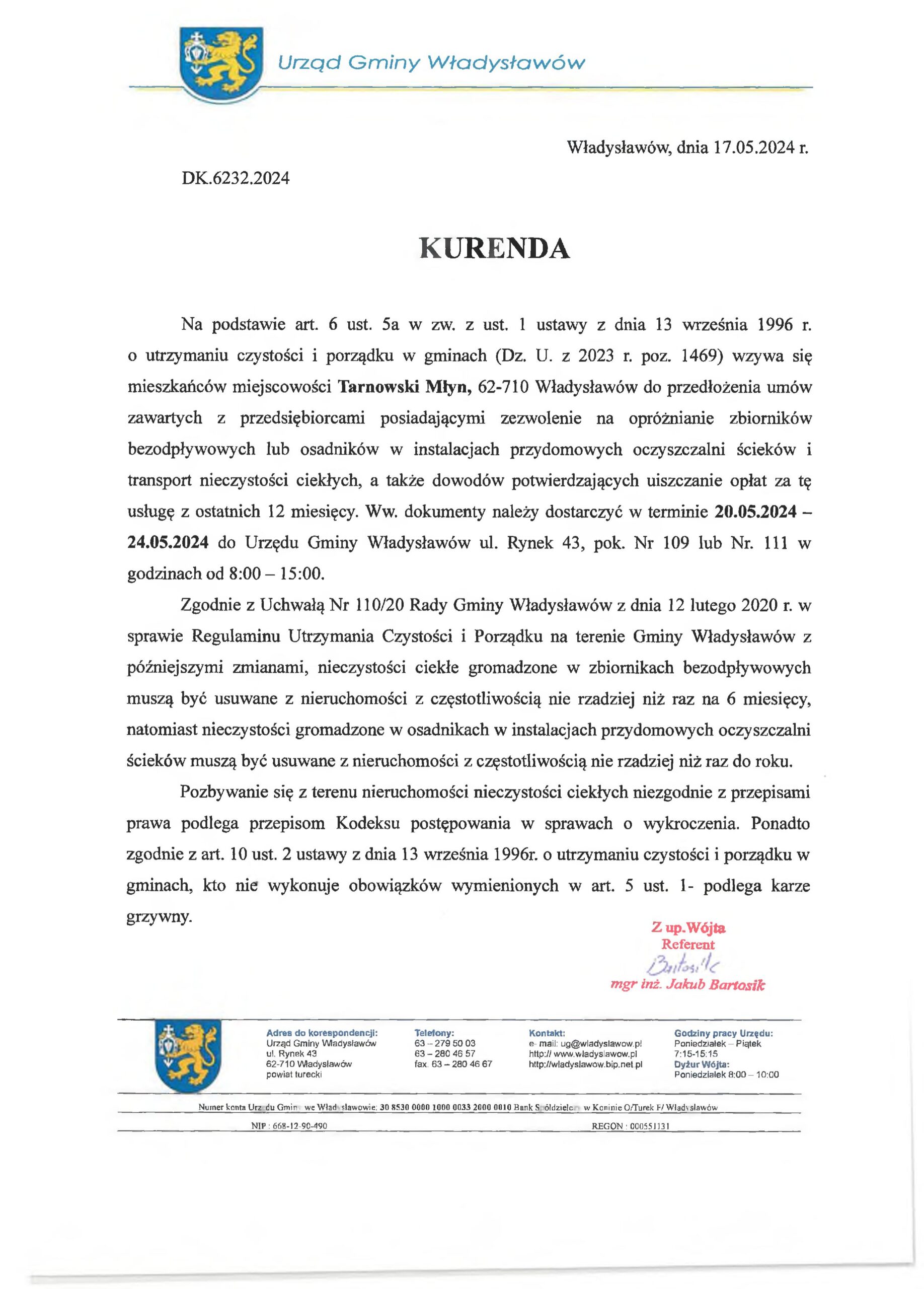 Kurenda dla miejscowości Tarnowski Młyn